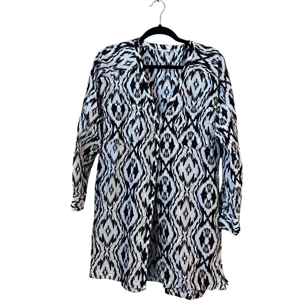 Athleta Women’s Kaftan Tunic Dress Cover Up Large Black White Cotton Silk